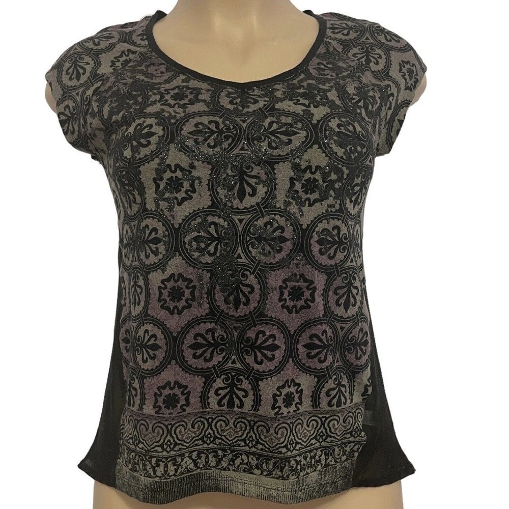 ROCK & REPUBLIC Sparkle Front Burnout Top Women's Small Black Grey Geometric EUC